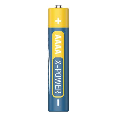 Pile de taille AAAA avec étiquette jaune et bleue, marquée 'X-Power'. Pôles positif et négatif visibles en haut et en bas.