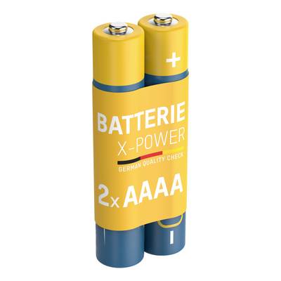 Deux piles AAAA jaunes portant l'inscription « BATTERIE X-POWER », « GERMAN QUALITY CHECK » et le symbole « + ».