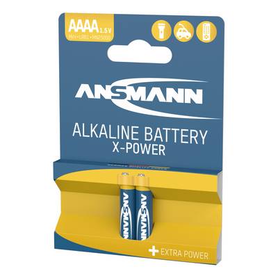Batterie Alcaline X-Power d'Ansmann, piles AAAA 1,5 V, sur emballage bleu avec des icônes représentant un appareil photo, une lampe de poche et un jouet.