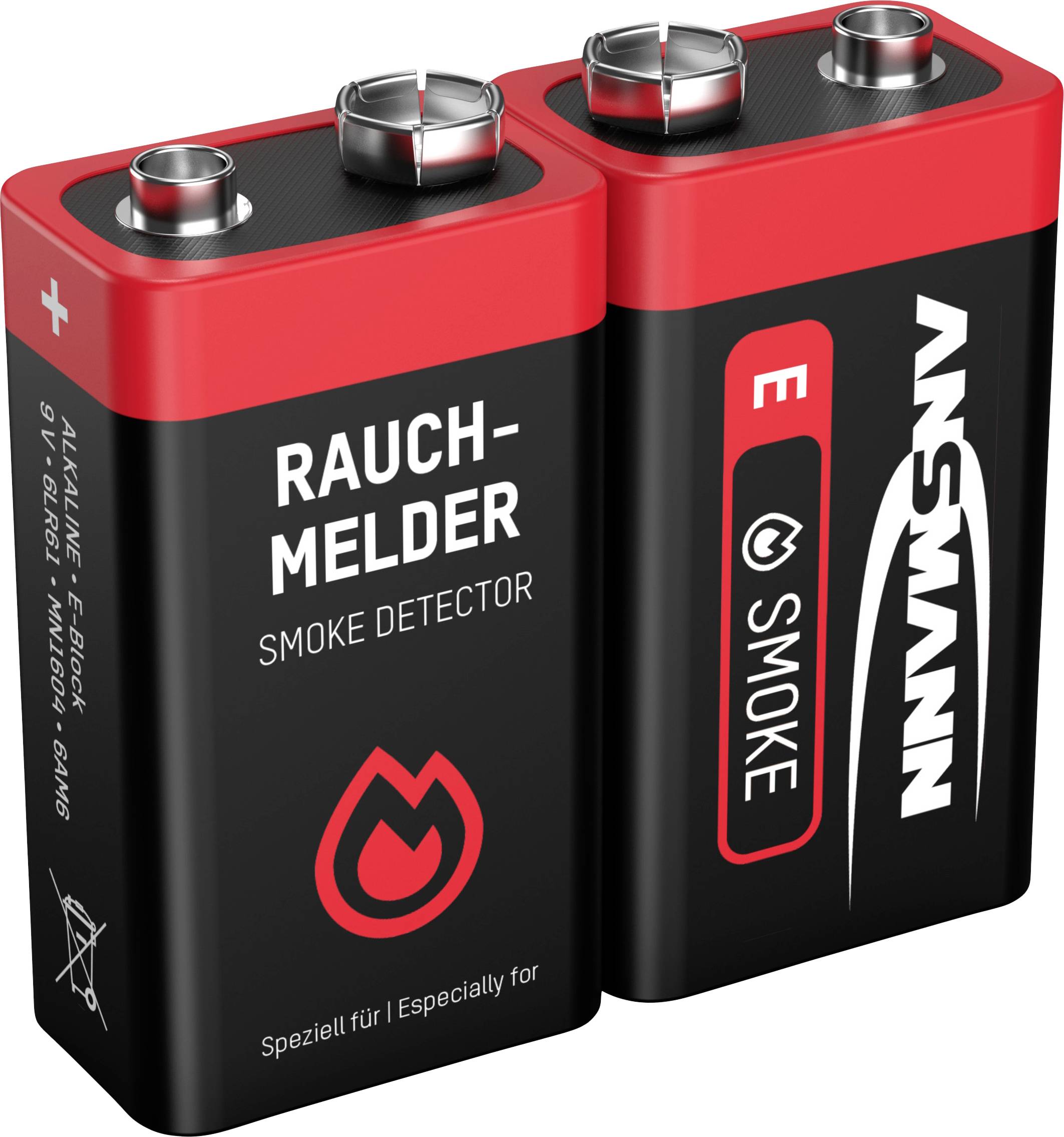 'Vous voyez deux piles 9 volts Ansmann, spécialement conçues pour les détecteurs de fumée, avec un marquage rouge et des symboles de batterie.'