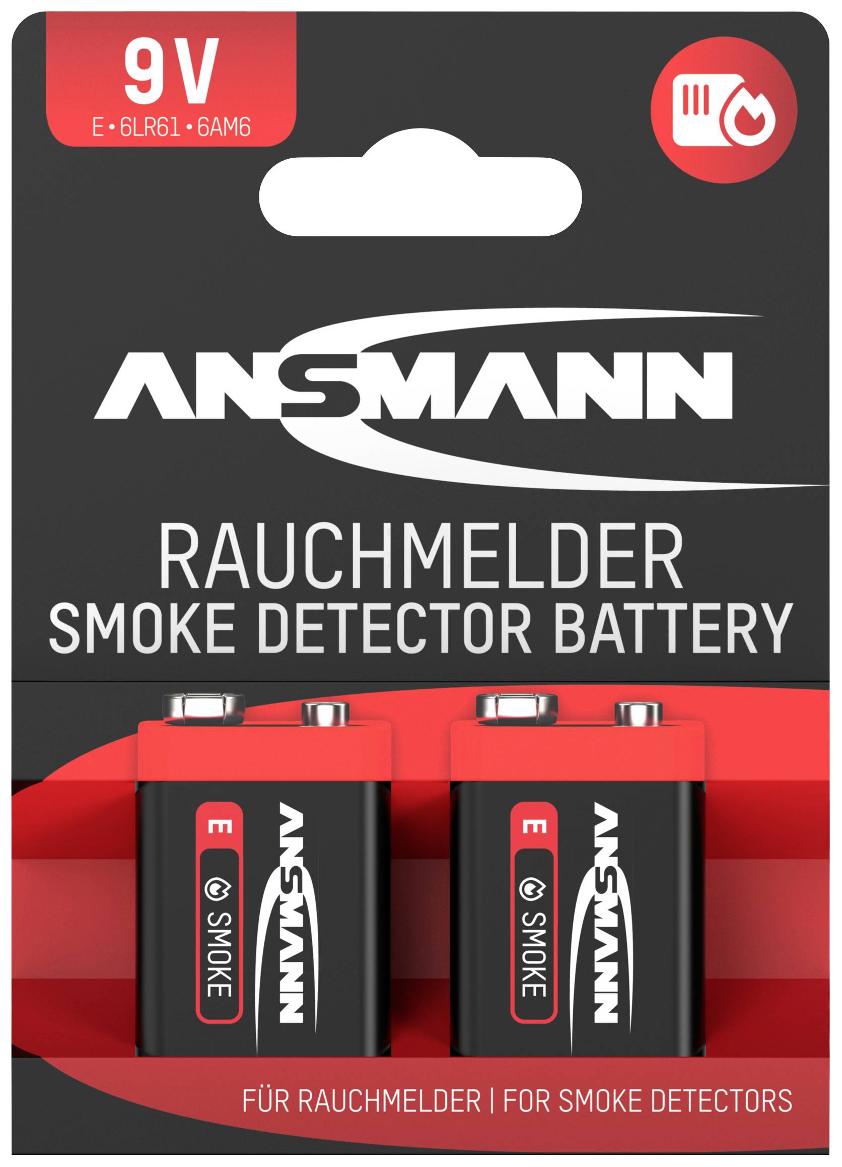 Deux piles 9V Ansmann pour détecteurs de fumée, en emballage noir et rouge, adaptées aux détecteurs de fumée.