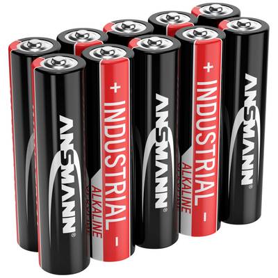 Dix piles AA, debout, quatre noires, six rouges, portant l'inscription 'ANSMANN INDUSTRIAL ALKALINE', bornes positives vers le haut.