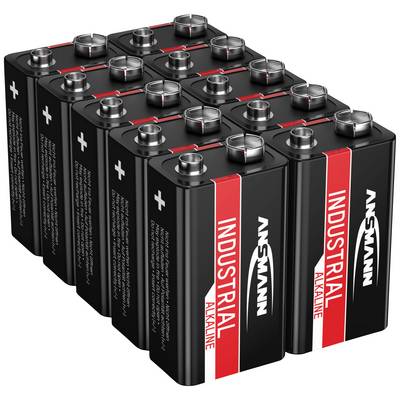 Dix batteries industrielles rectangulaires disposées côte à côte, de couleur noire avec des contacts argentés et l'inscription rouge « Industrial Alkaline ».