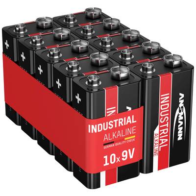 Un pack de 10 piles alcalines industrielles 9V, noires avec une étiquette rouge, marqué 'INDUSTRIAL ALKALINE' et 'ANSMANN'.