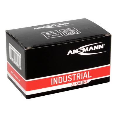 Un emballage noir portant l'inscription 'ANSMANN INDUSTRIAL ALKALINE' et '9V'. Date de péremption : 2021.
