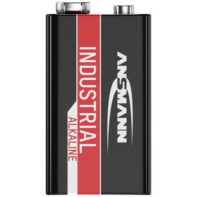 Une batterie noire rectangulaire avec une bande rouge ; le texte 'Industrial Alkaline' et un logo sont visibles sur la face avant.