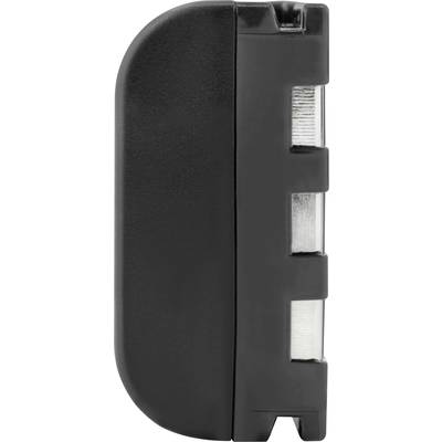 Un adaptateur ou une fiche électronique noir rectangulaire, représenté de côté, avec trois broches métalliques visibles.