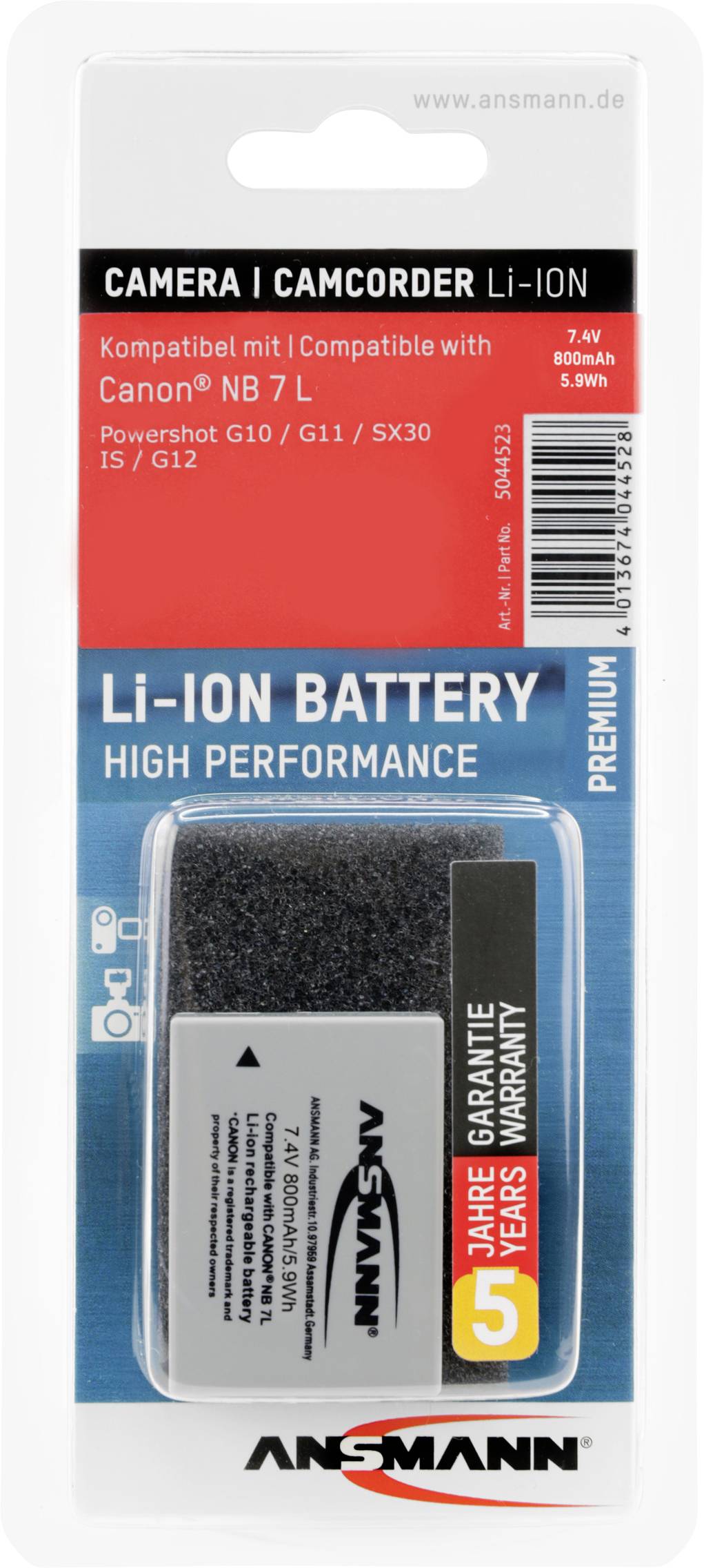 Batterie Li-Ion pour caméra/caméscope, compatible avec Canon NB 7L. Puissance : 7,4V, 800mAh. Adresse de garantie : ansmann.de.