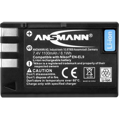 Batterie Lithium-Ion noire avec logo 'ANSMANN', 7,4V, 1100mAh. Compatible avec les appareils photo Nikon. Avertissements au verso.