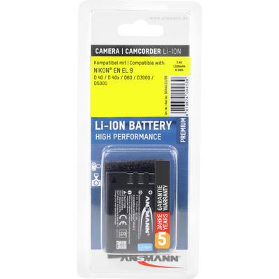 Emballage pour batterie de caméra et caméscope lithium-ion, compatible avec Nikon EN-EL9. Contient les spécifications techniques et l'avis de garantie.