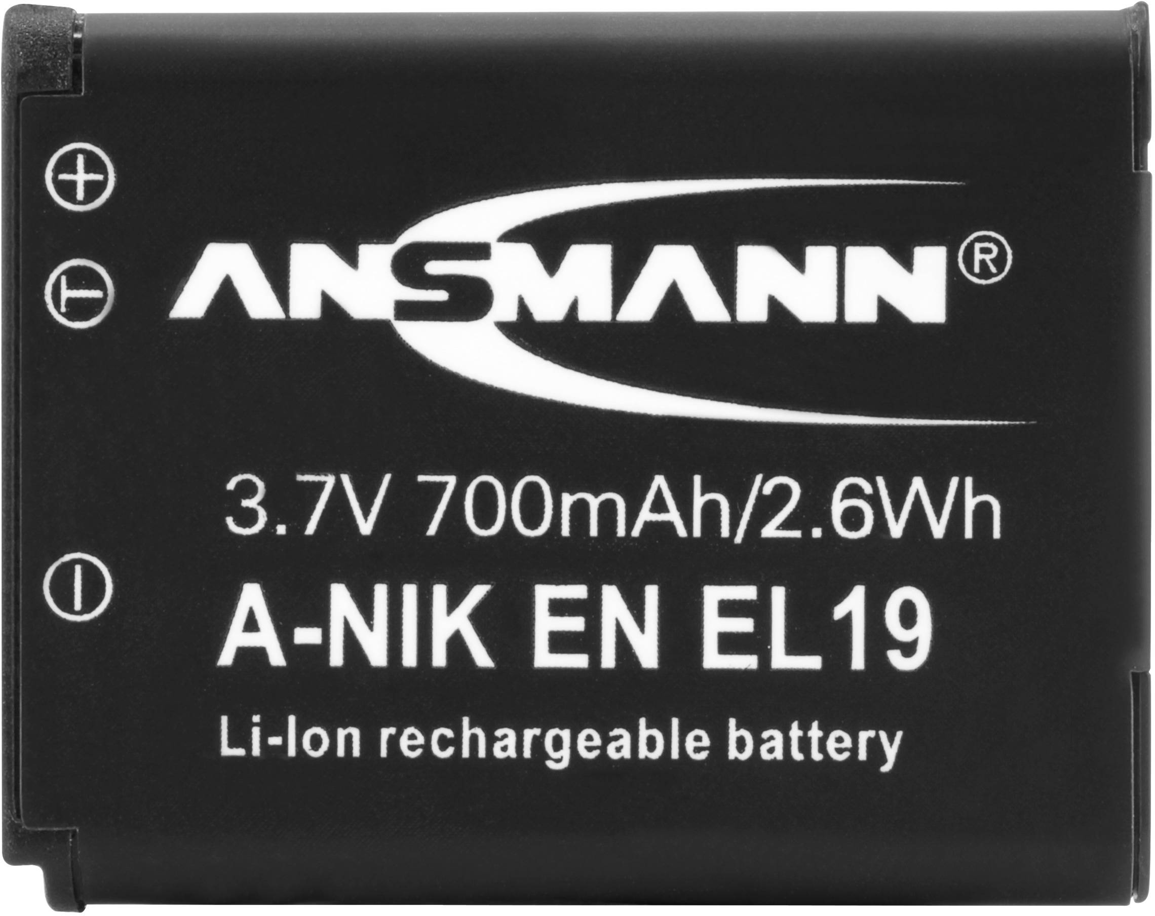Batterie rechargeable Li-Ion noire portant l'inscription « ANSMANN 3,7V 700mAh/2,6Wh A-NIK EN EL19 Li-Ion ».
