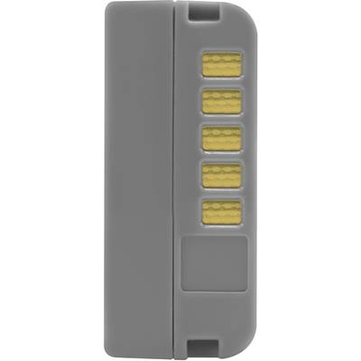Connecteur en plastique gris avec cinq bandes de contact dorées sur le côté droit.