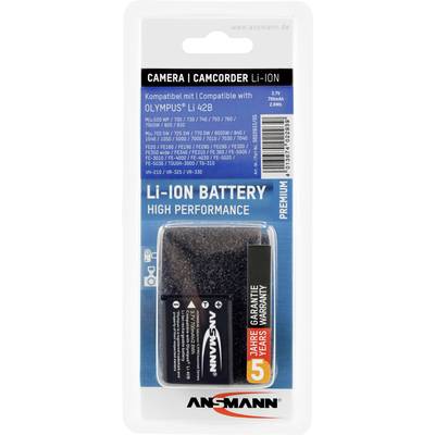 Batterie Li-Ion emballée d'ANSMANN, compatible avec les modèles de caméras et caméscopes Olympus Li 42B. 3,7V, 2,8Wh, 750mAh. 5 ans de garantie.