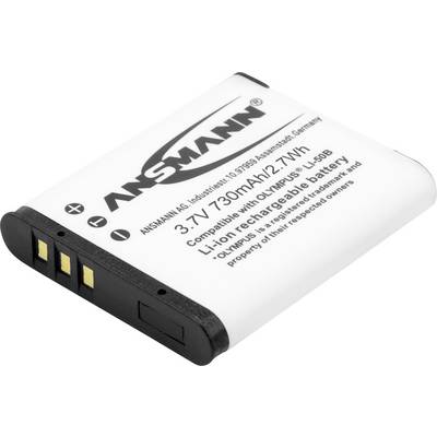 Un accumulateur lithium-ion blanc de marque 'Ansmann' avec les caractéristiques techniques suivantes : 3,7V, 730mAh, 2,7Wh. Compatible avec Olympus Li-50B.