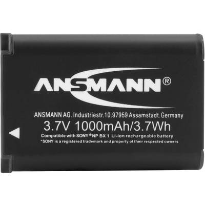 Batterie avec inscription 'Ansmann'. Capacité : 3,7V 1000mAh/3,7Wh. Compatible avec Sony NP BX1. Produit en Allemagne.