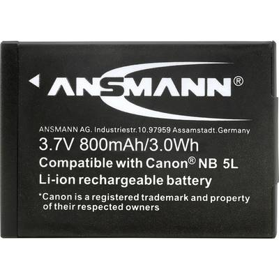 Batterie avec inscription '3.7V 800mAh/3.0Wh', compatible avec 'Canon NB 5L'. Fabricant : Ansmann AG, Allemagne.