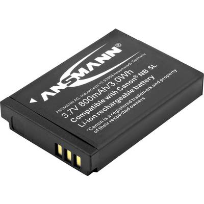 Batterie noire portant l'inscription 'ANSMANN', Li-Ion, 3,7V, 800mAh, 3,0Wh. Compatible avec Canon NB 5L. Forme rectangulaire avec trois points de contact.