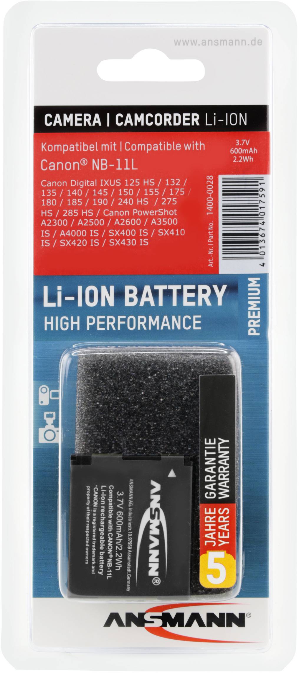 'Batterie Li-Ion pour appareil photo/caméscope, compatible avec Canon NB-11L. Haute performance, 3,7V, 750mAh. 5 ans de garantie.'