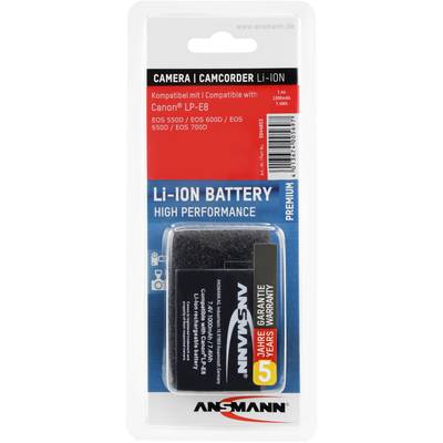 'Pack de batterie sur carte : Caméra/Caméscope Li-Ion, compatible avec Canon LP-E8. Caractéristiques électriques : 7,4V, 1.025mAh, 7,6Wh. Fabricant : Ansmann. 5 ans de garantie.'