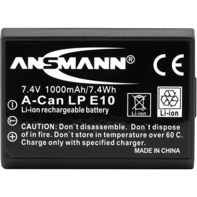 Une batterie Li-Ion de la marque Ansmann, modèle A-Can LP E10, 7,4V, 1000mAh, 7,4Wh. Avertissements : Ne pas démonter, ne pas jeter au feu.