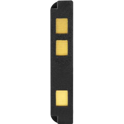 Un objet rectangulaire noir avec trois carrés jaunes disposés verticalement.