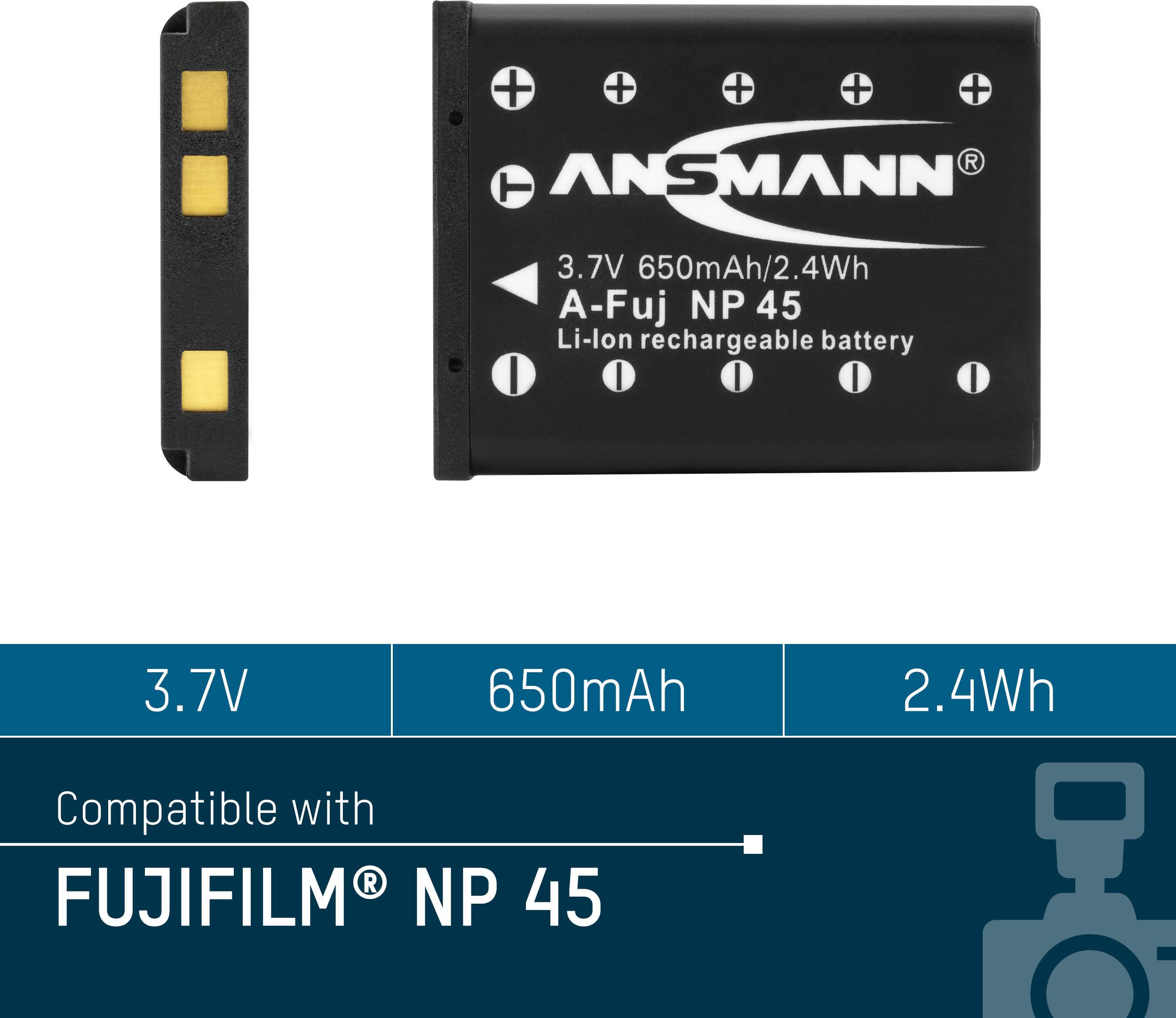 Batterie Li-Ion rechargeable noire de 3,7V, 650mAh et 2,4Wh. Compatible avec FUJIFILM NP 45.