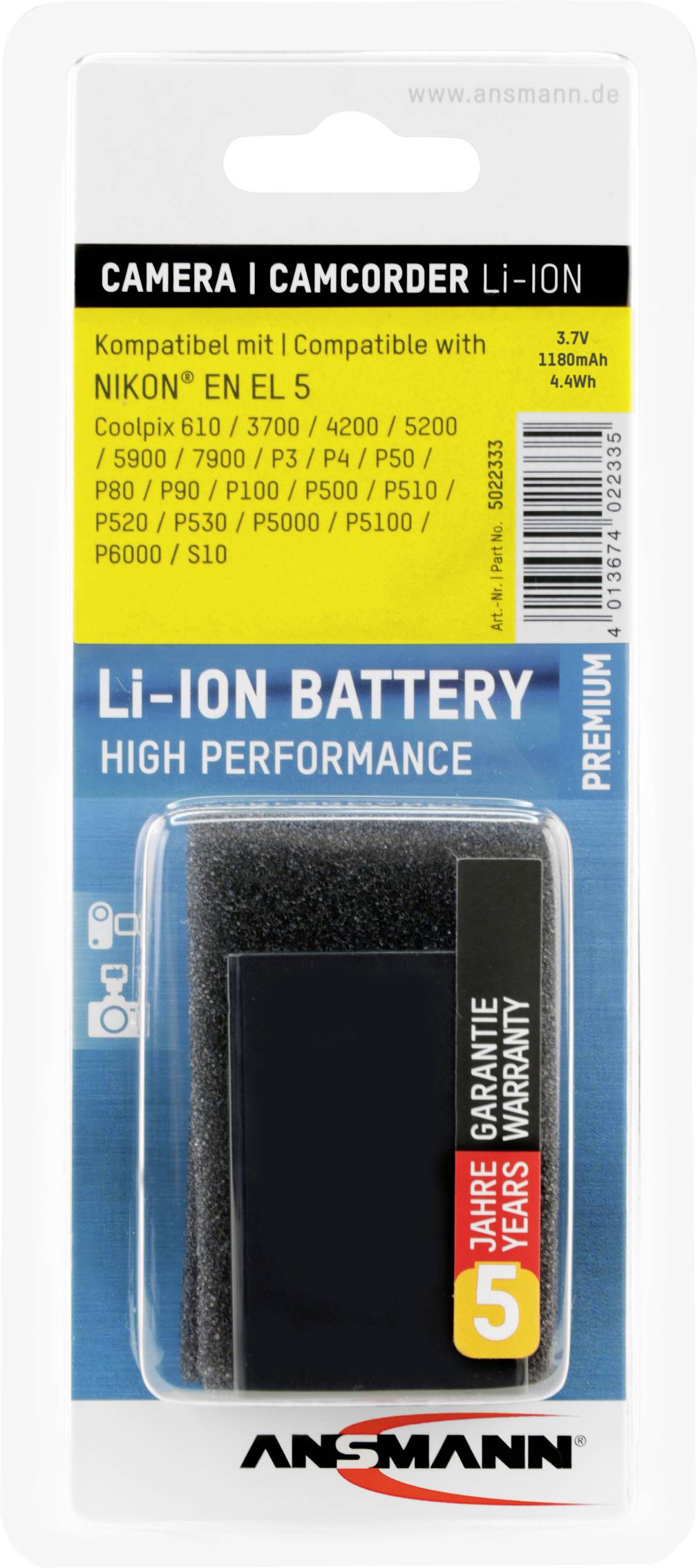 Emballage d'une batterie Li-Ion pour appareils photo Nikon EN-EL 5. Contient les numéros de modèle et une garantie de cinq ans. Logo de marque en bas.