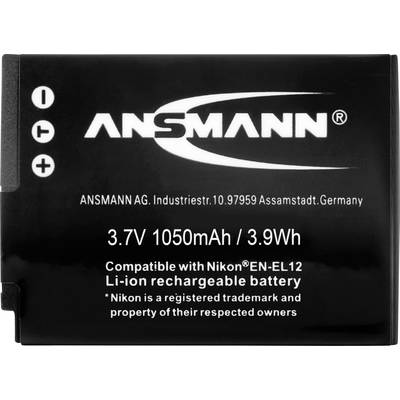 Batterie rechargeable Li-ion noire Ansmann, 3,7V, 1050mAh, compatible avec Nikon EN-EL12. Texte : « Batterie Li-ion rechargeable »