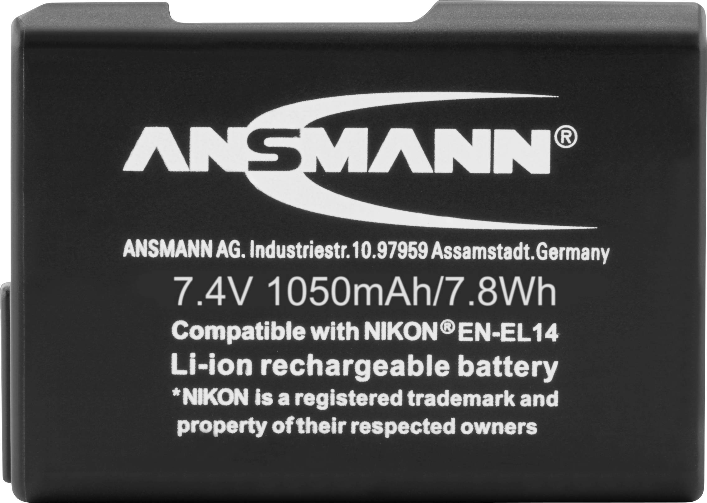 Batterie Ansmann noire Li-Ion de 1050mAh, 7,4V. Compatible avec Nikon EN-EL14. Fabricant : ANSMANN AG, Allemagne.