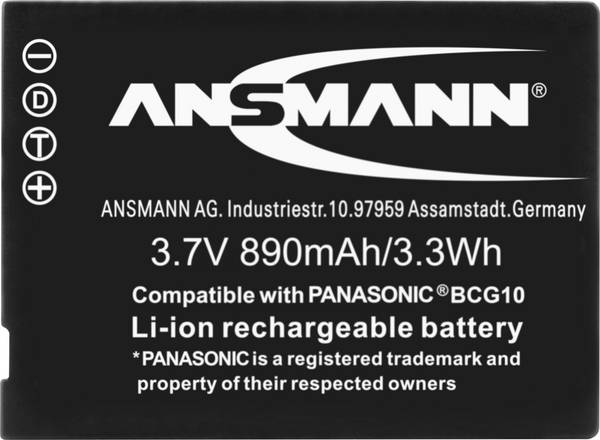 Ansmann DMW-BCG10 Batterie pour appareil photo Remplace l'accu d'origine DMW-BCG10e, DMW-BCG10 3.7 V 890 mAh
