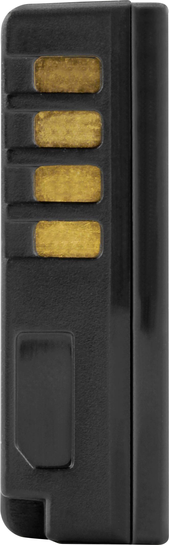 Dispositif rectangulaire noir avec des contacts jaunes sur le côté, probablement un pack de batterie ou un composant de batterie.