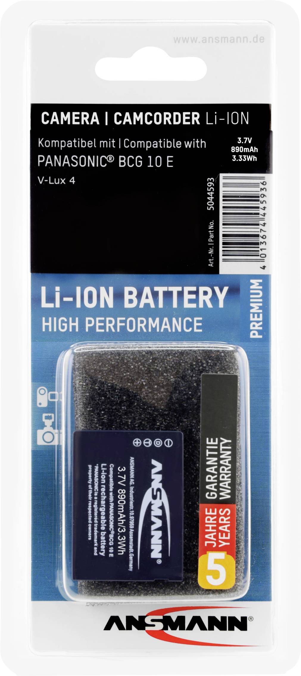 Emballage d'une batterie Li-Ion pour appareil photo ou caméscope, compatible avec Panasonic BCG 10 E. Marque : Ansmann, Capacité : 800mAh.