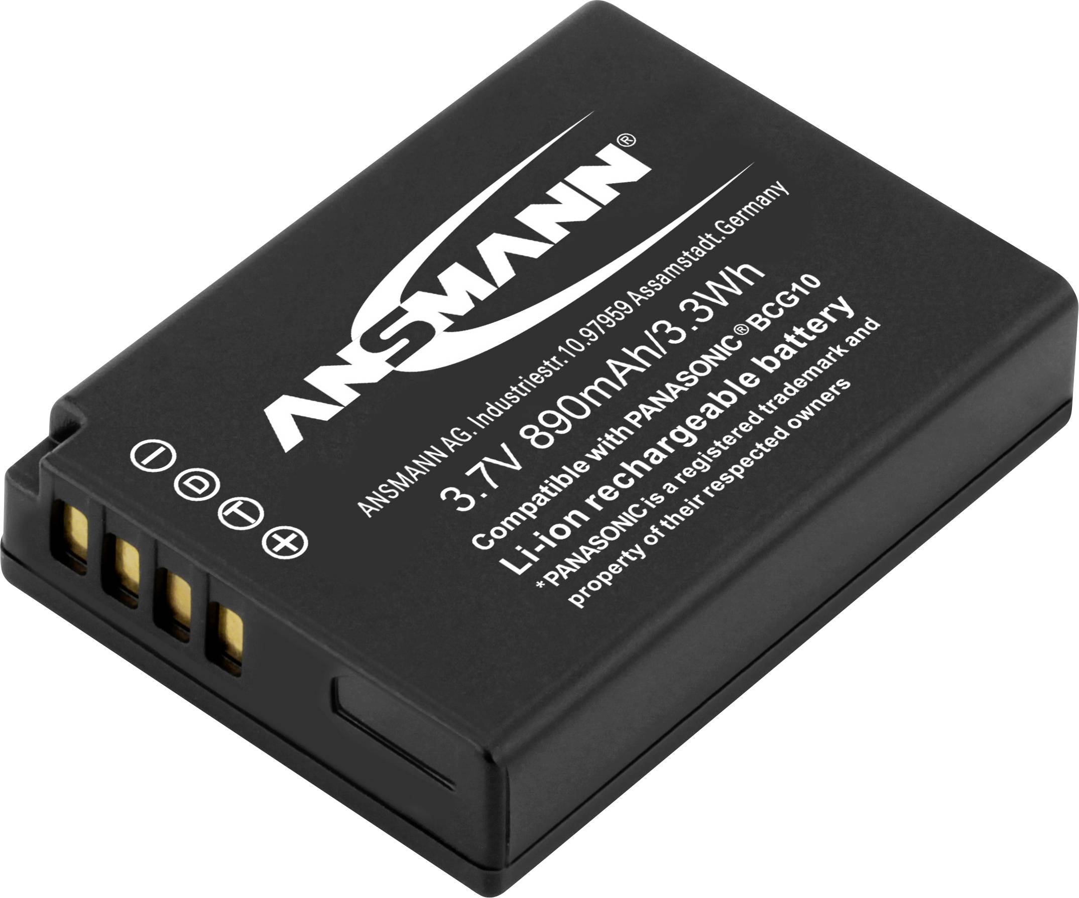 Batterie noire avec l'inscription : « ANSMANN 3,7V 890mAh 3,3Wh ». Compatible avec Panasonic DMC-CG10. Technologie Lithium-Ion.