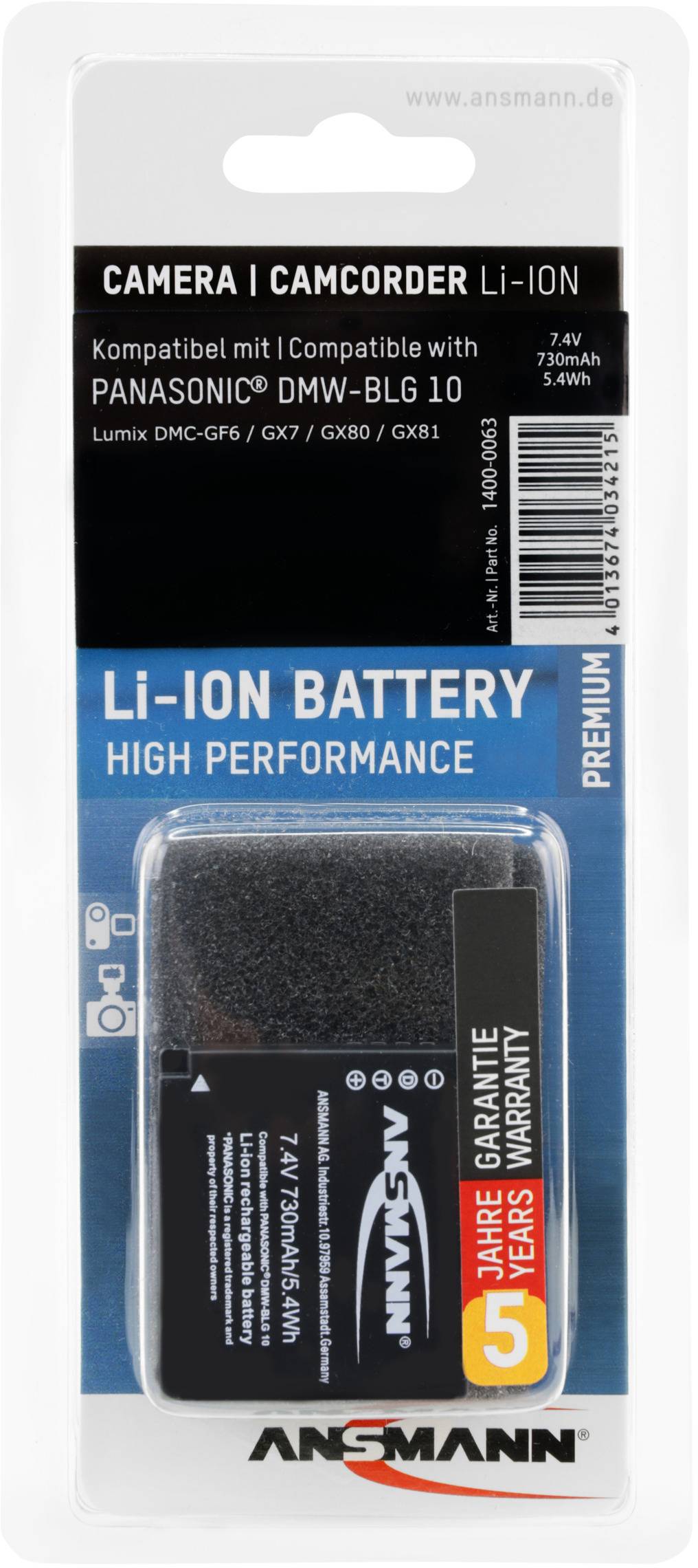 Un pack de batterie Ansmann Li-Ion noir pour appareil photo, compatible avec Panasonic DMW-BLG 10. Garantie de 3 ans mise en avant.