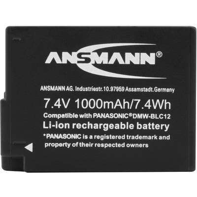 Batterie Lithium-Ion noire avec l'inscription 'ANSMANN 7,4V 1000mAh/7,4Wh', compatible avec Panasonic DMW-BLC12, fabriquée en Allemagne.