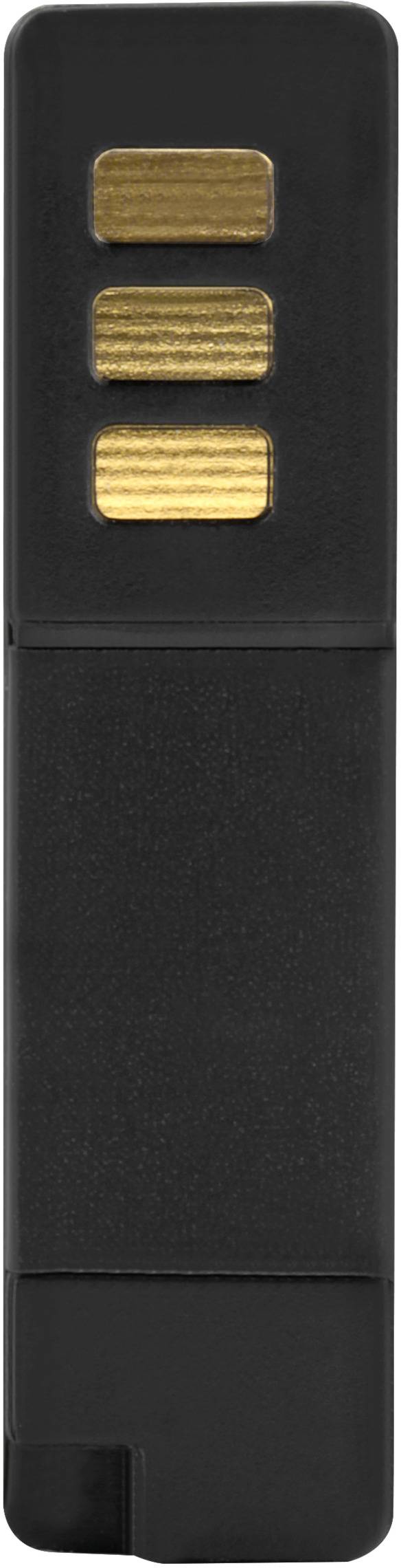 Une clé USB noire avec trois contacts dorés visibles en haut, orientée verticalement.