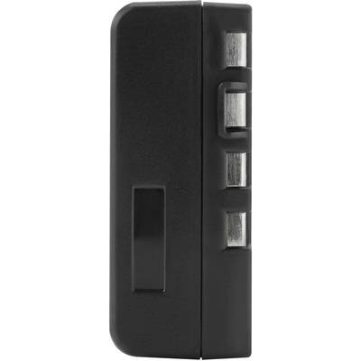 Appareil électronique noir avec trois boutons argentés sur le côté. Il s'agit probablement d'une télécommande ou d'un minuteur.