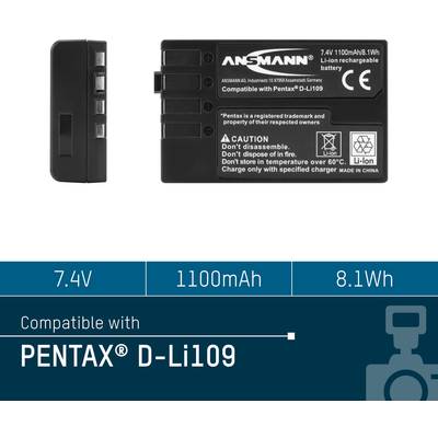 Une batterie lithium-ion rechargeable noire d'Ansmann avec les spécifications suivantes : 7,4V, 1100mAh, 8,1Wh. Compatible avec Pentax D-Li109.