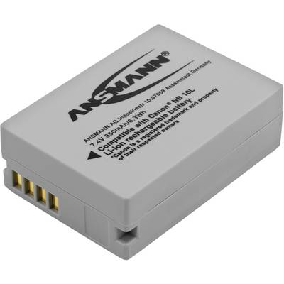 Batterie grise d'Ansmann, compatible avec Canon NB 10L. Technologie Lithium-ion. Inscription 'Assemblé en Allemagne'.