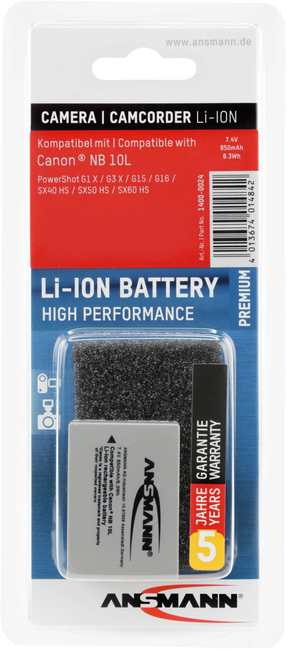 Batterie Li-Ion d'Ansmann, compatible avec Canon NB 10L. Pour divers modèles Canon. Garantie : 3 ans. Qualité premium.