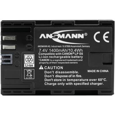 Batterie Lithium-Ion noire de 7,4 V, 1400 mAh. Avertissements : 'Ne pas démonter', 'Ne pas jeter au feu'. Compatible avec Canon LP E6, fabriquée en Chine.