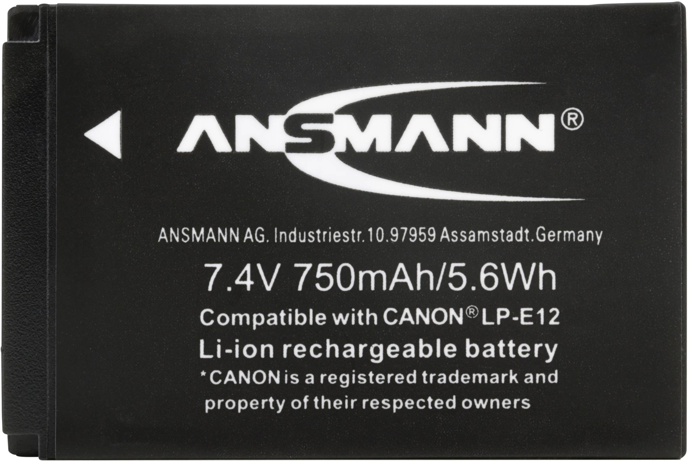 Batterie Li-Ion ANSMANN, 7,4V 750mAh/5,6Wh, compatible avec Canon LP-E12, noir, adresse de l'entreprise imprimée.