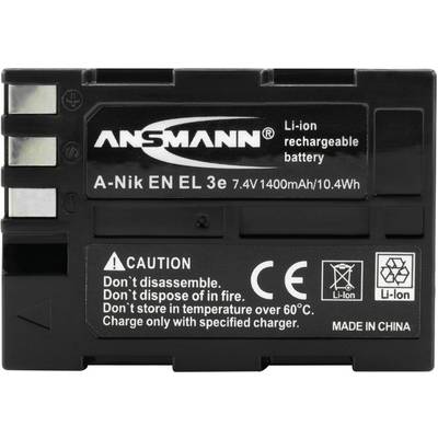Une batterie rechargeable noire au lithium-ion portant l'inscription 'ANSMANN', modèle 'A-Nik EN EL 3e', 7,4V, 1400mAh.
