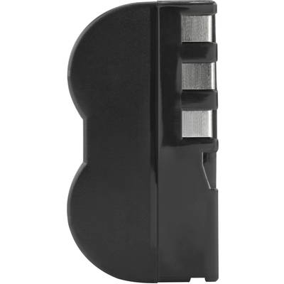 Affûte-couteau noir et gris au design ergonomique, vue de côté ; trois fentes d'affûtage visibles.