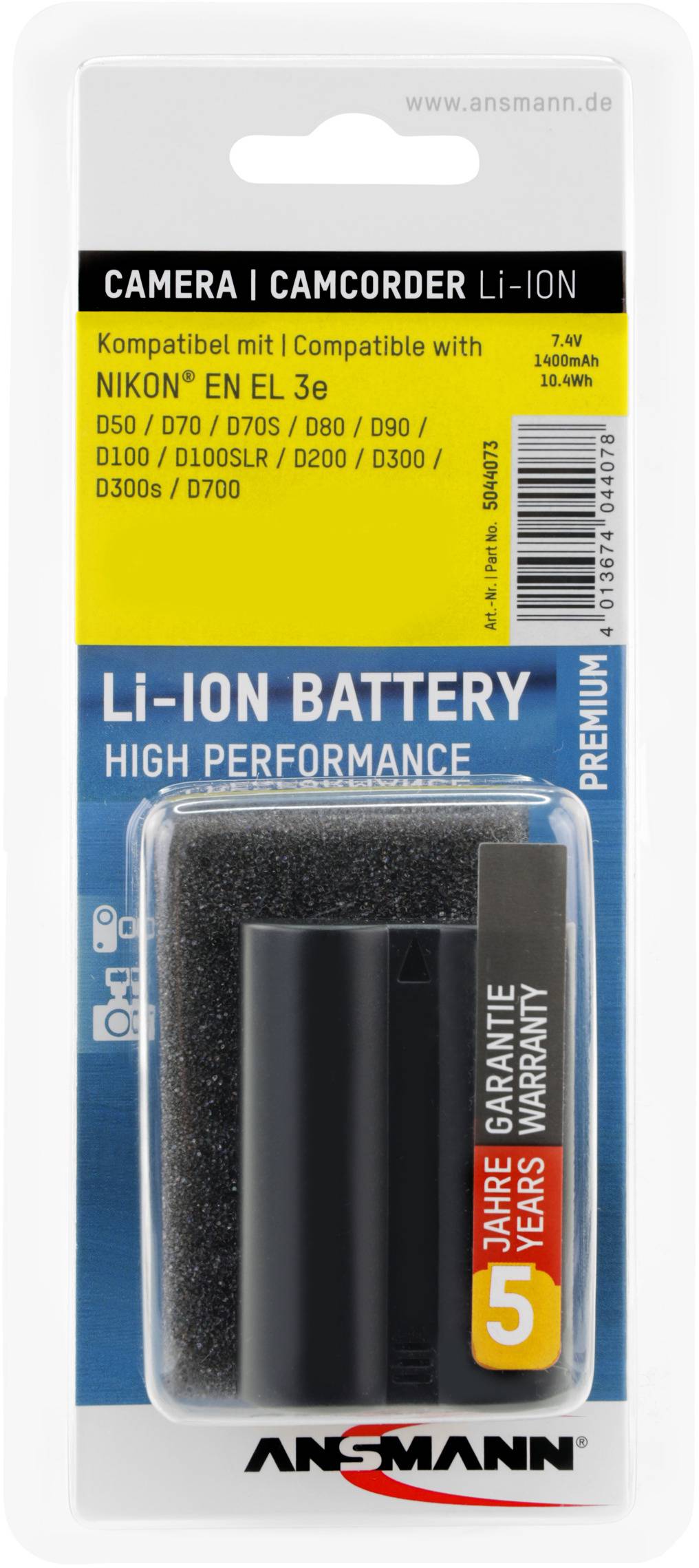 Batterie pour appareil photo/caméscope, compatible avec Nikon EN EL 3e. Capacité : 1500mAh, 7,4V. 5 ans de garantie.