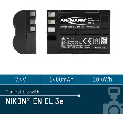 Batterie portant l'inscription 'ANSMANN, Li-Ion 7.4V, 1400mAh, 10.4Wh'. Avertissements ci-dessous, compatible avec 'NIKON EN EL 3e'.