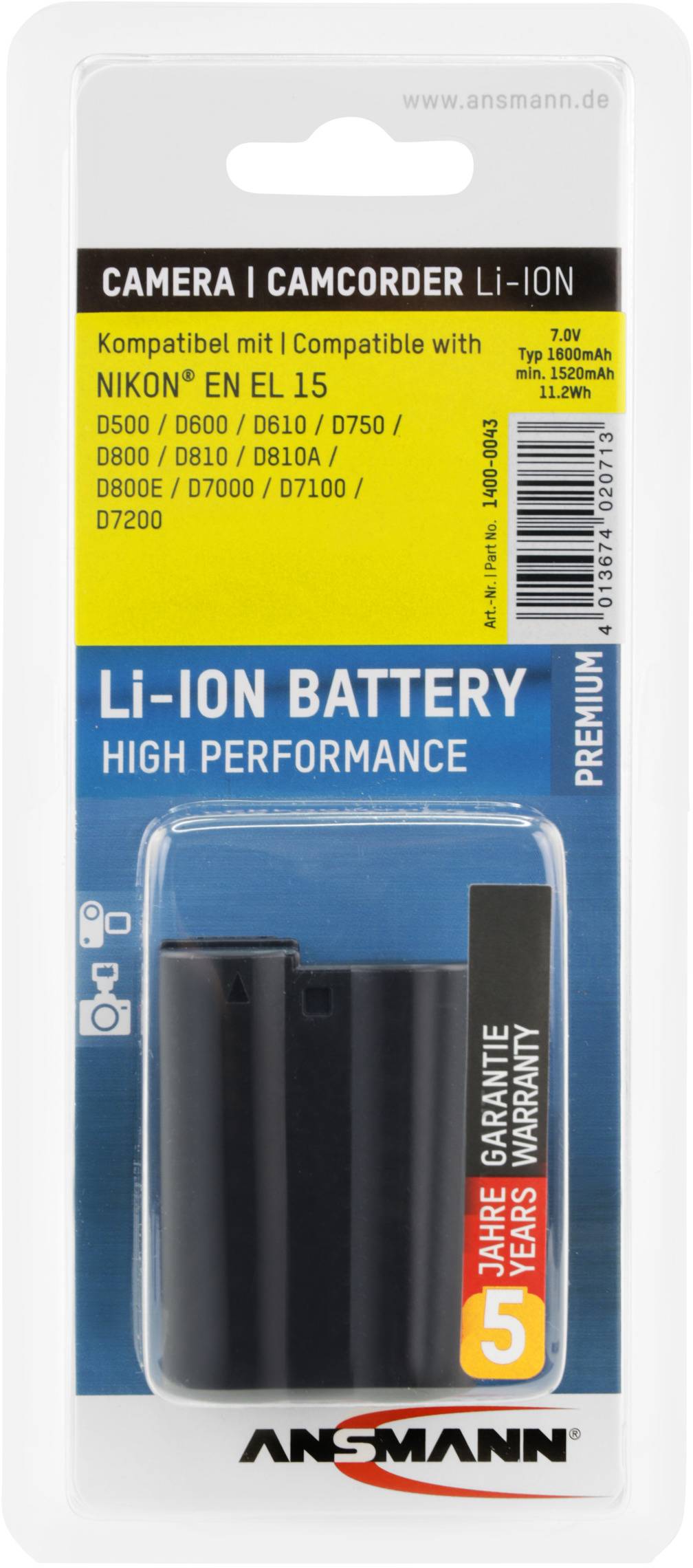 Batterie Li-Ion rechargeable pour appareils photo Nikon, compatible avec EN EL 15. 7,4V, 1500mAh. 2 ans de garantie.