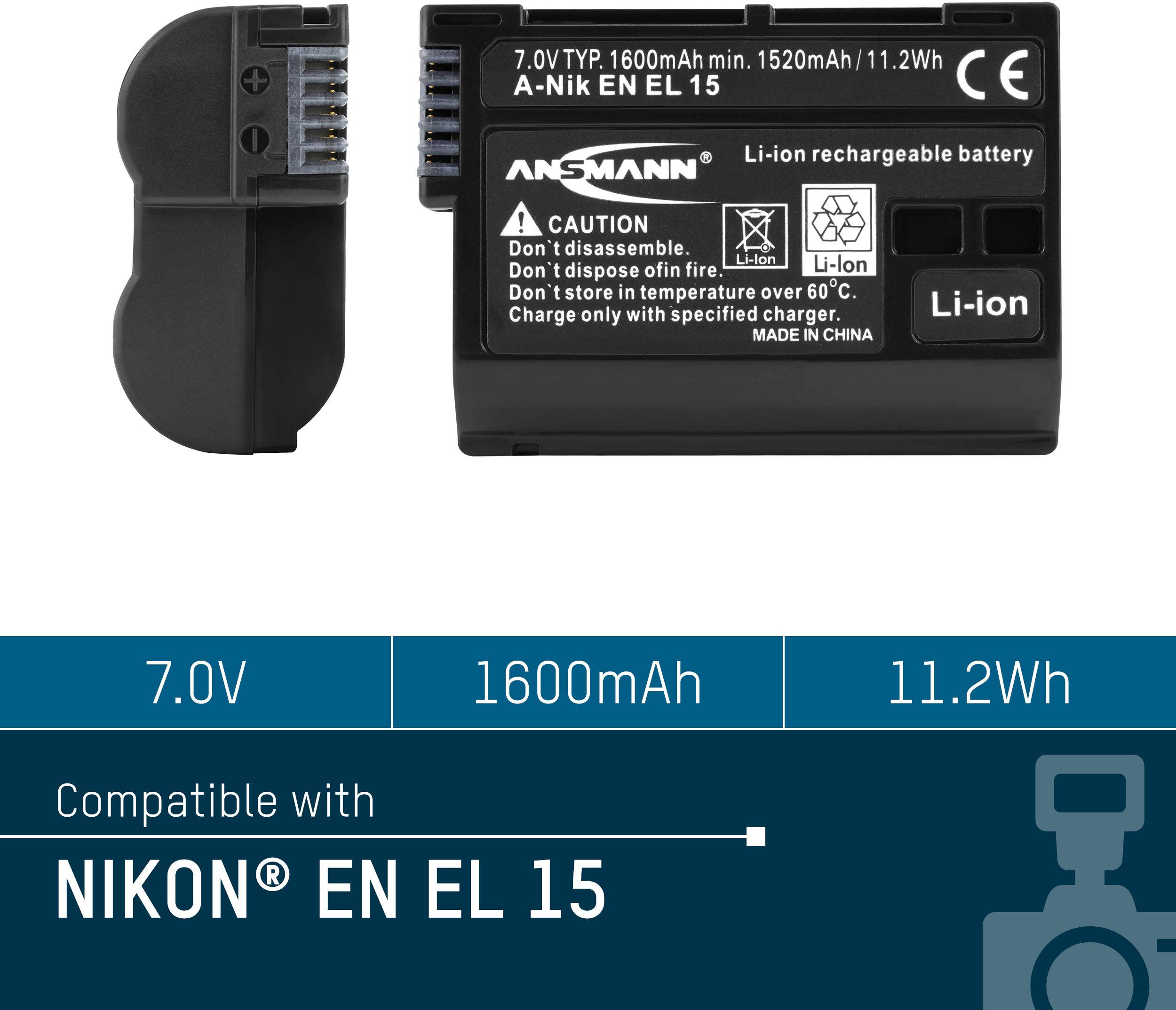 'Batterie Li-Ion, compatible avec NIKON EN EL 15, 7,0V, 1600mAh, 11,2Wh. Contient des avertissements concernant l'élimination et les conditions de température.'