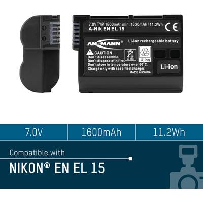 'Batterie Li-Ion, compatible avec NIKON EN EL 15, 7,0V, 1600mAh, 11,2Wh. Contient des avertissements concernant l'élimination et les conditions de température.'