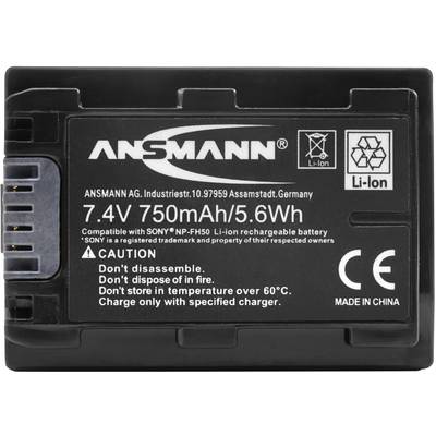 Batterie Ansmann, 7,4V, 750mAh, 5,6Wh, Li-Ion, compatible avec Sony NP-FH50. Avertissement : Ne pas jeter au feu ni démonter.